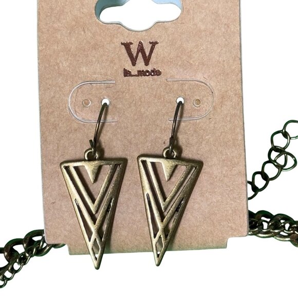 W Necklace Earring Set Triangle Pendants Geometric Design Double Chain Gold-Tone - Picture 6 of 14